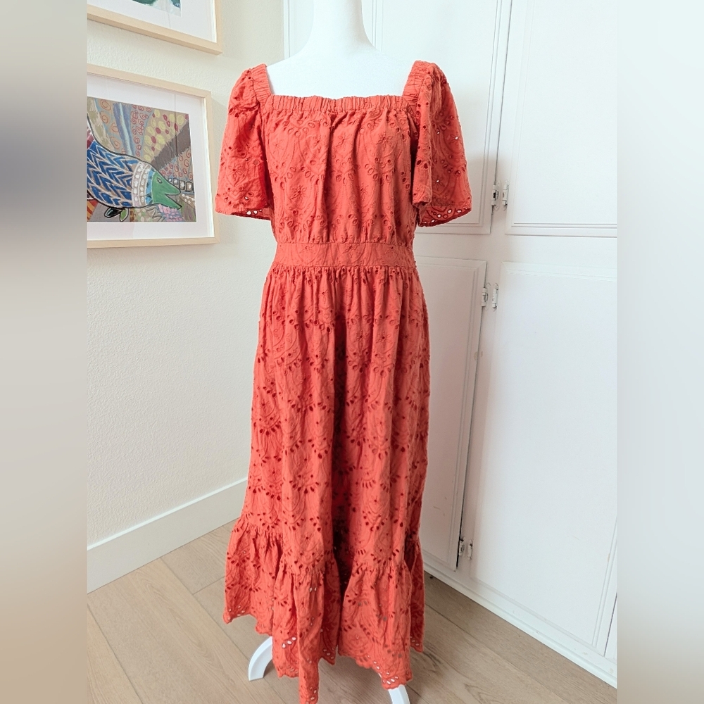 Nurture by Westbound Coral Eyelet Midi Dress Size M Boho Cottagecore Summer Vaca